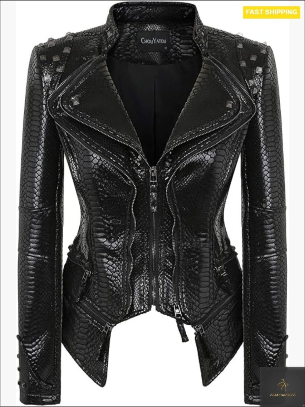 Snake Print Faux Leather Moto Jacket Studded Biker Style Fitted Chic
